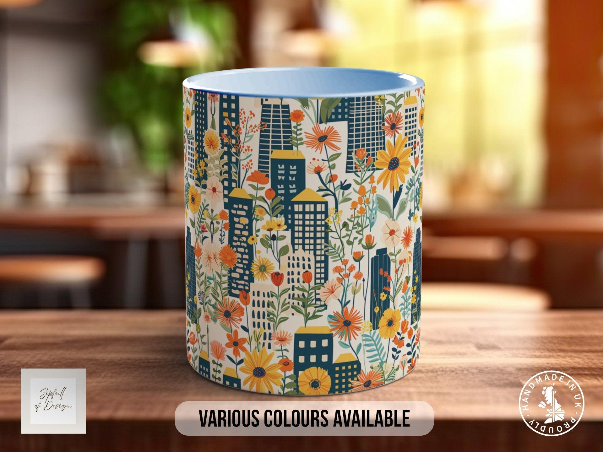Cityscape Wildflower Pattern Full Wrap Coloured Art Mug - Design 9 - Sipfull of Design