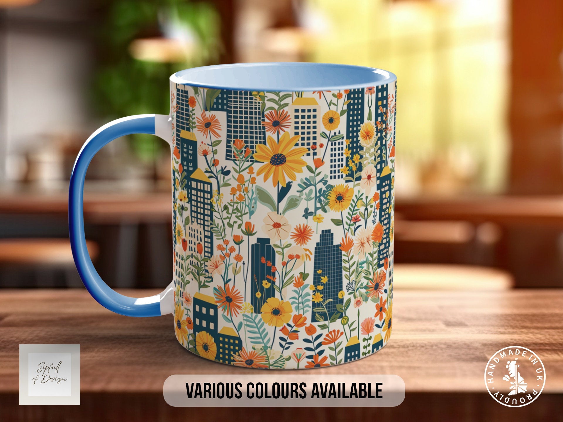 Cityscape Wildflower Pattern Full Wrap Coloured Art Mug - Design 9
