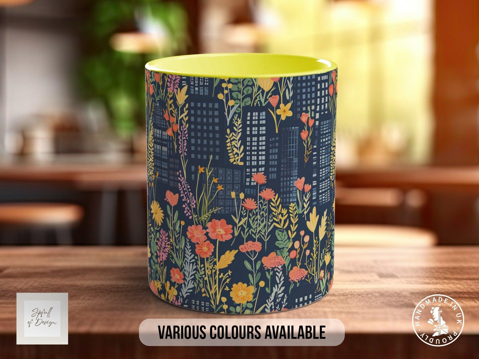 Cityscape Wildflower Pattern Full Wrap Coloured Art Mug - Design 10 - Sipfull of Design