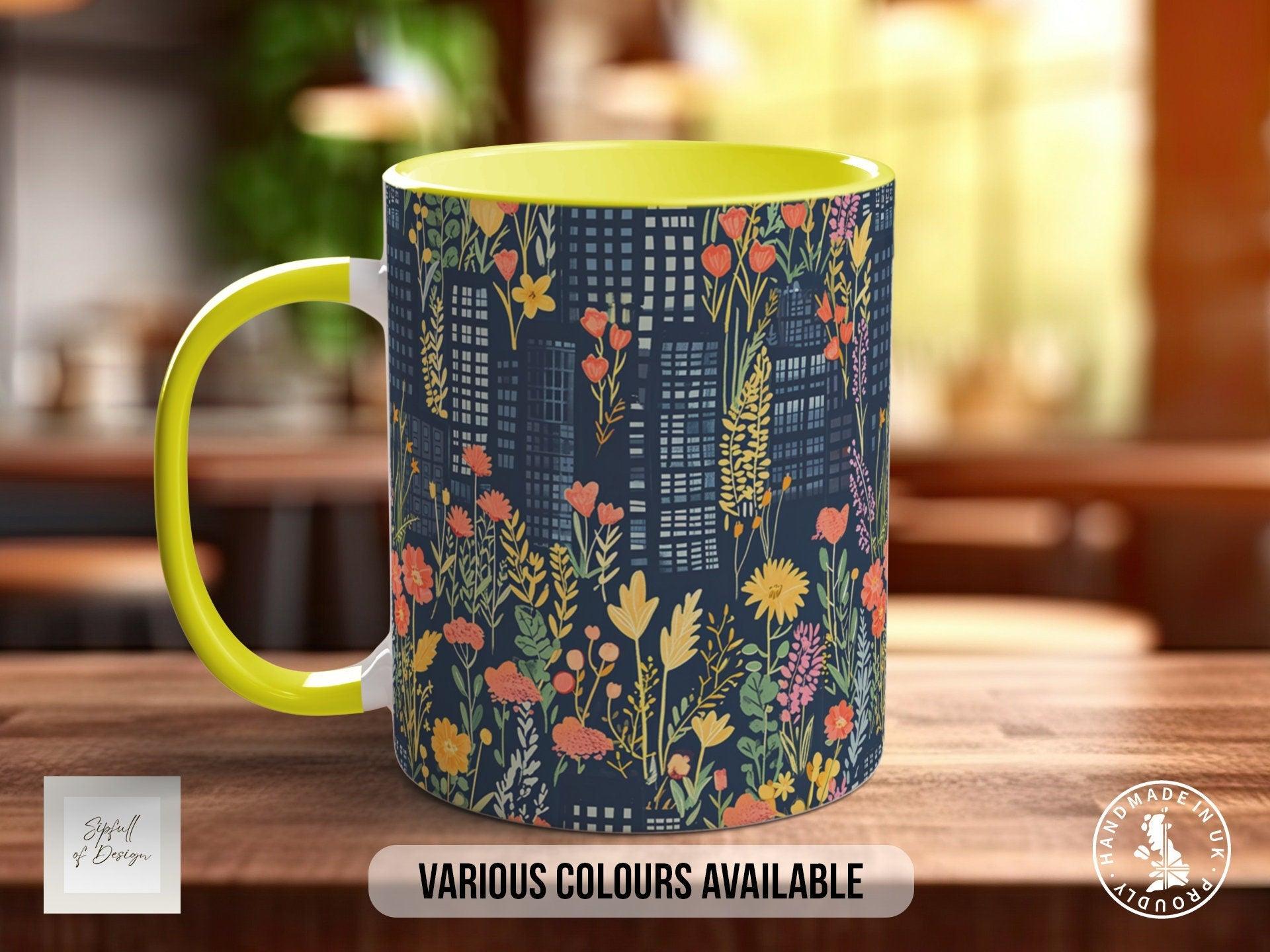 Cityscape Wildflower Pattern Full Wrap Coloured Art Mug - Design 10 - Sipfull of Design