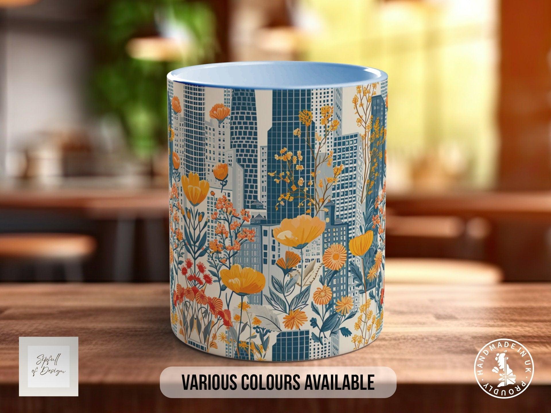 Cityscape Wildflower Pattern Full Wrap Coloured Art Mug - Design 11 - Sipfull of Design