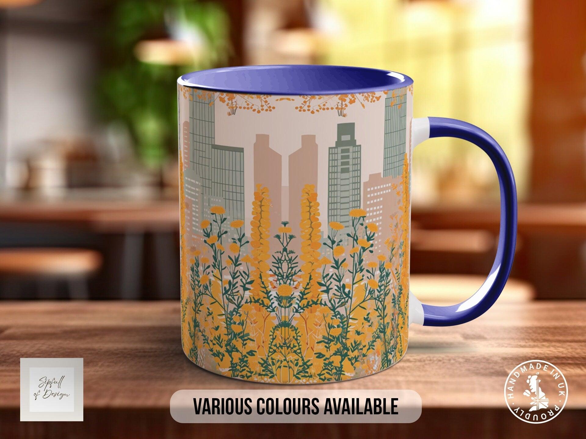 Cityscape Wildflower Pattern Full Wrap Coloured Art Mug - Design 12 - Sipfull of Design