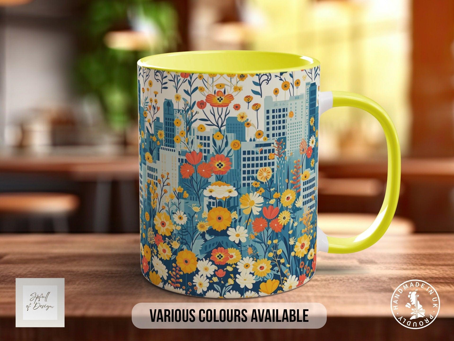 Cityscape Wildflower Pattern Full Wrap Coloured Art Mug - Design 14 - Sipfull of Design