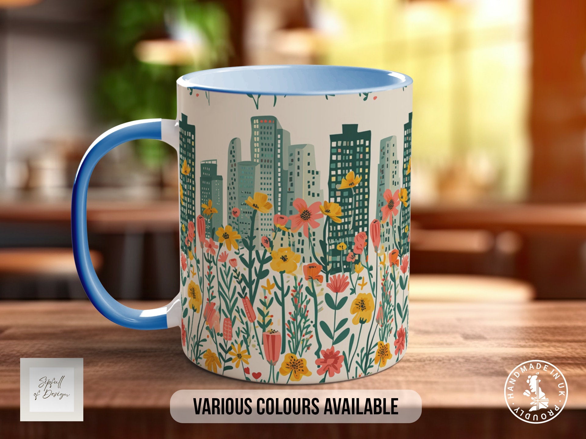 Cityscape Wildflower Pattern Full Wrap Coloured Art Mug - Design 15