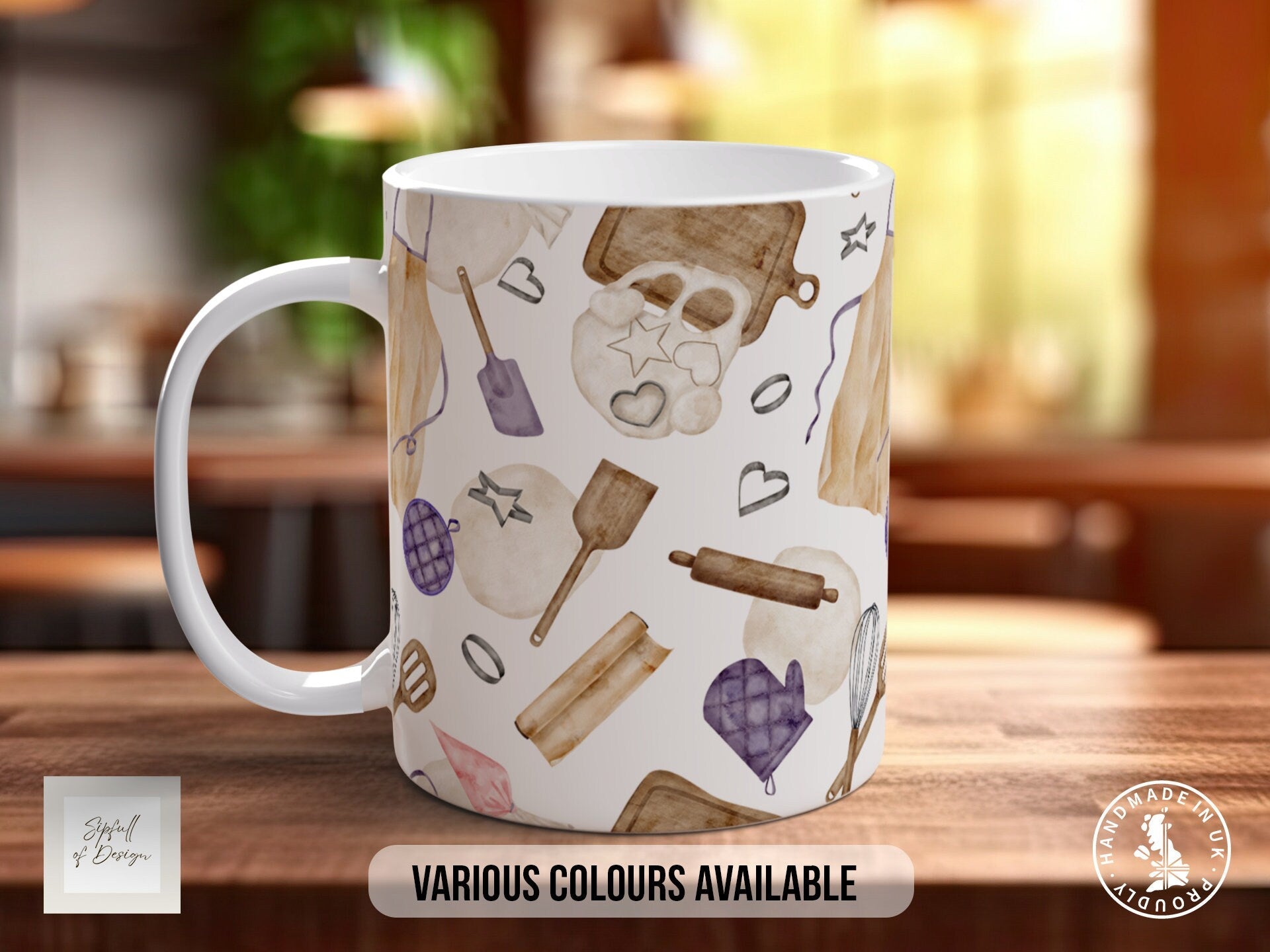 Coloured Baking Pattern Full Wrap Mug - Design 3 - Love Cooking - Kitchen Theme