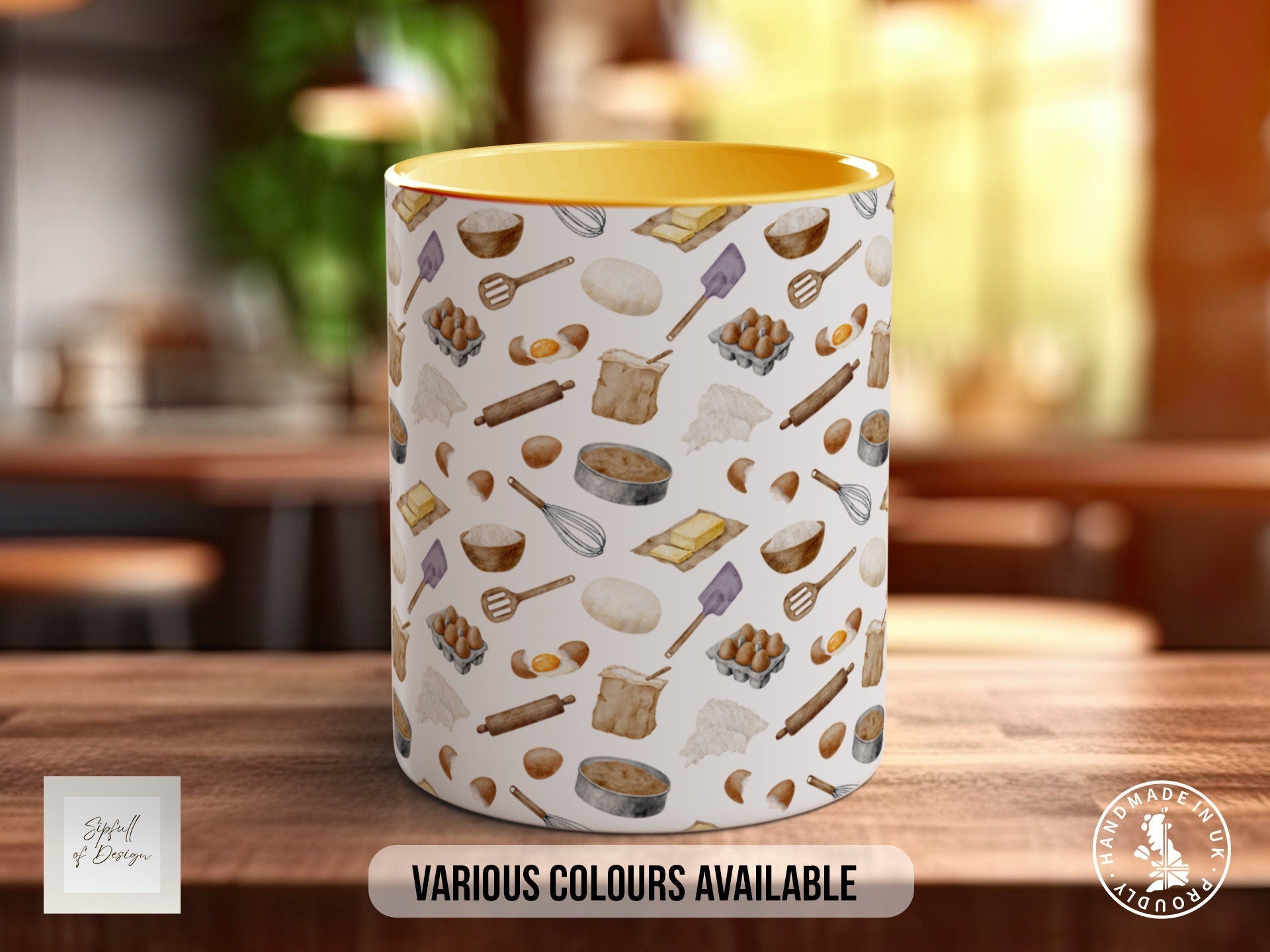 Coloured Baking Pattern Full Wrap Mug - Design 4 - Love Cooking - Kitchen Theme