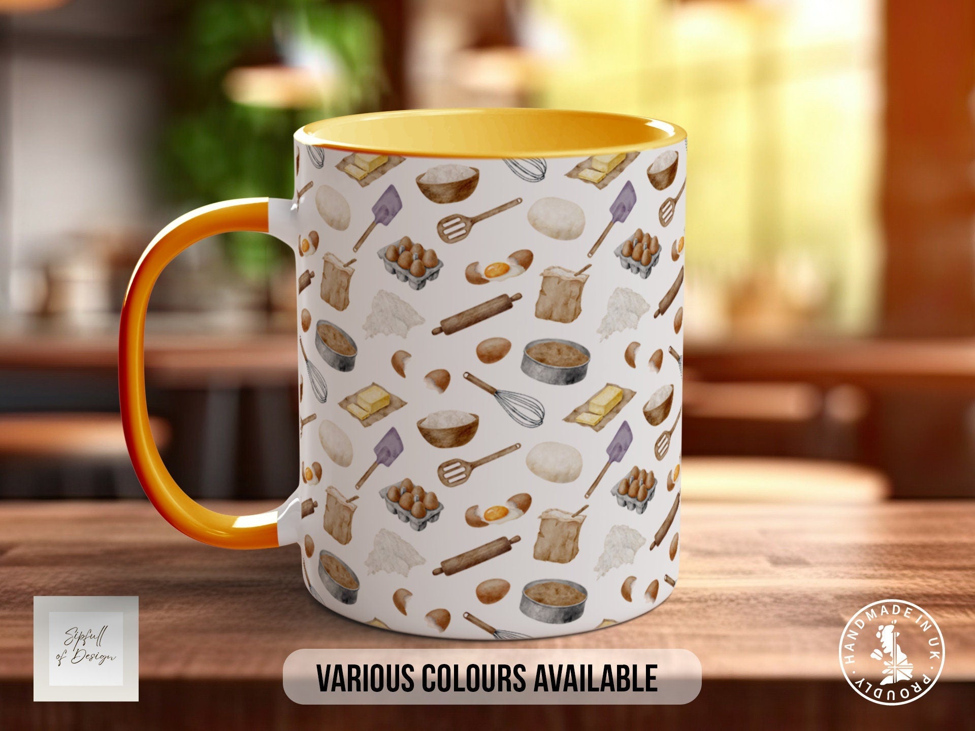Coloured Baking Pattern Full Wrap Mug - Design 4 - Love Cooking - Kitchen Theme