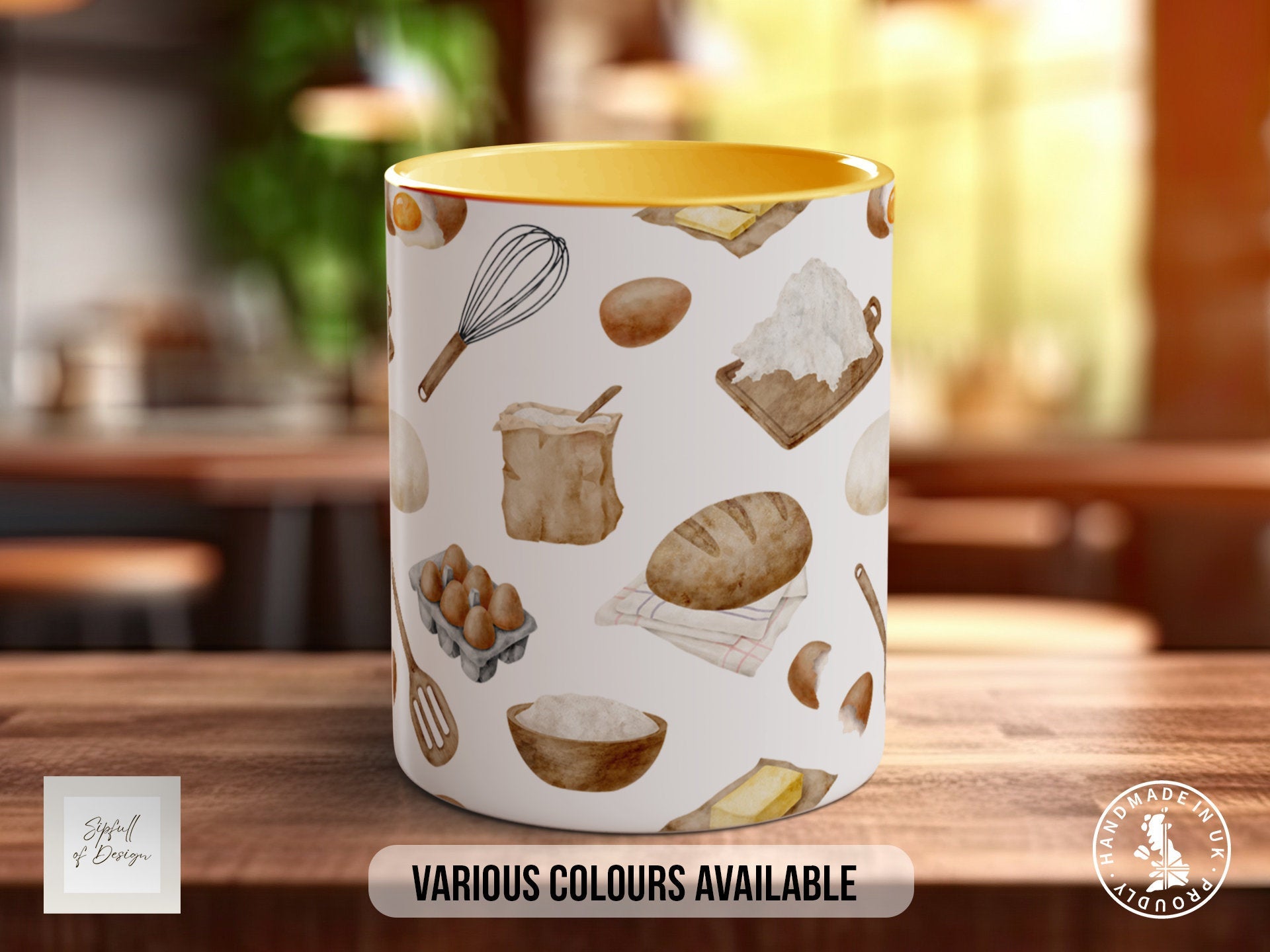 Coloured Baking Pattern Full Wrap Mug - Design 6 - Love Cooking - Kitchen Theme