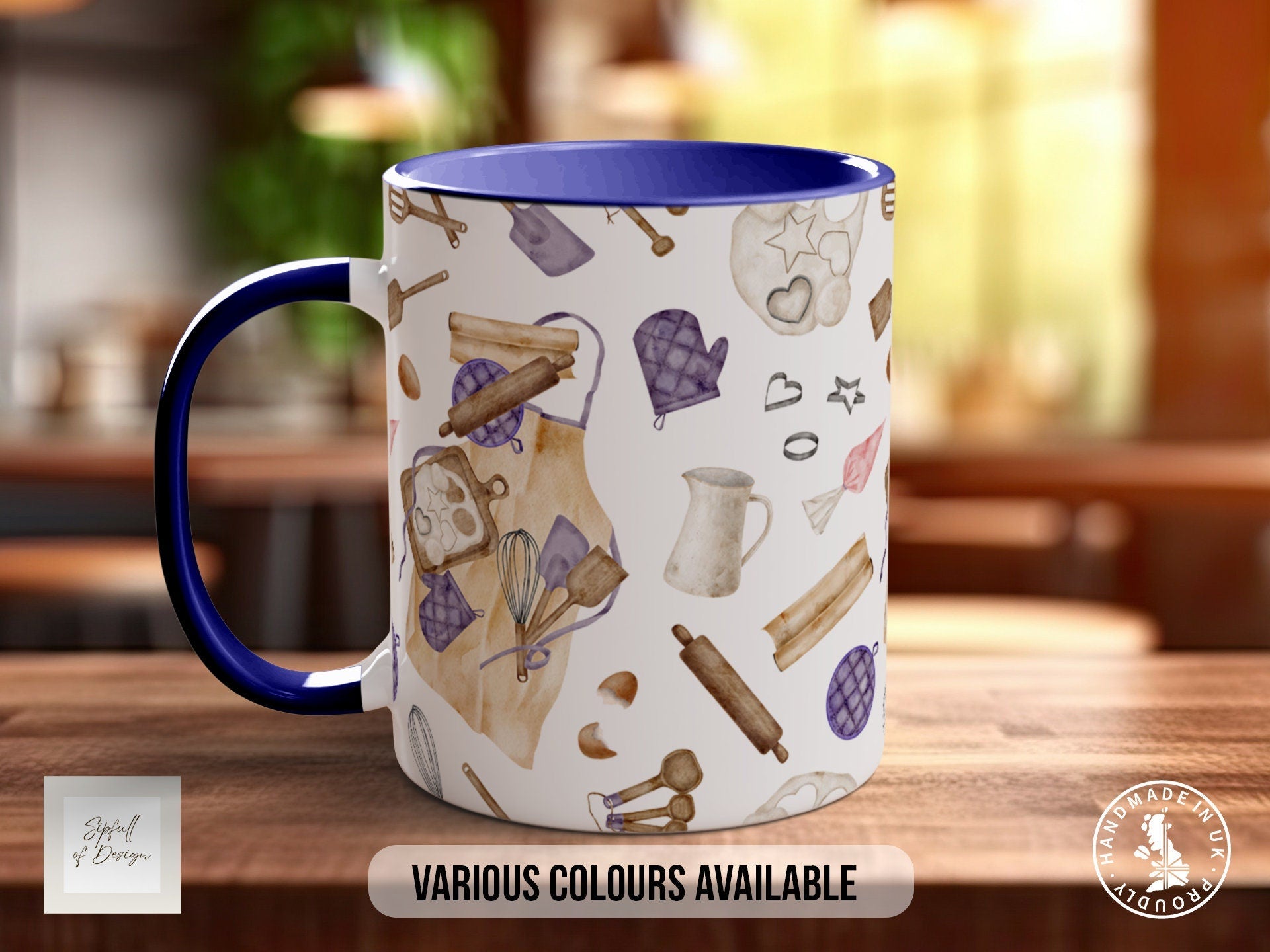 Coloured Baking Pattern Full Wrap Mug - Design 8 - Love Cooking - Kitchen Theme