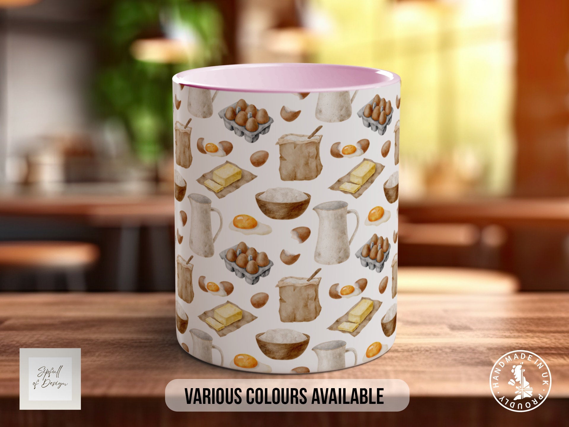 Coloured Baking Pattern Full Wrap Mug - Design 12 - Love Cooking - Kitchen Theme