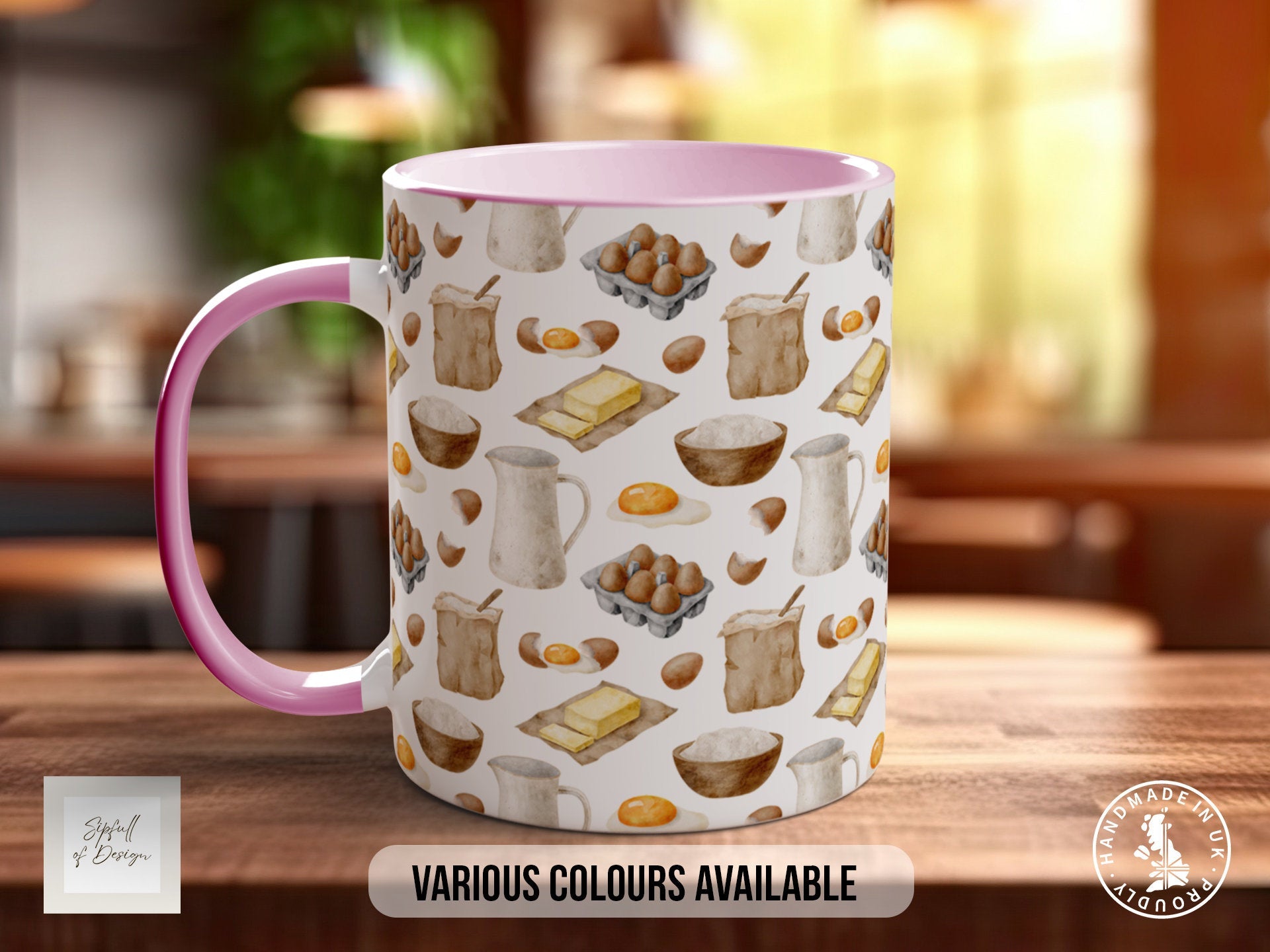 Coloured Baking Pattern Full Wrap Mug - Design 12 - Love Cooking - Kitchen Theme
