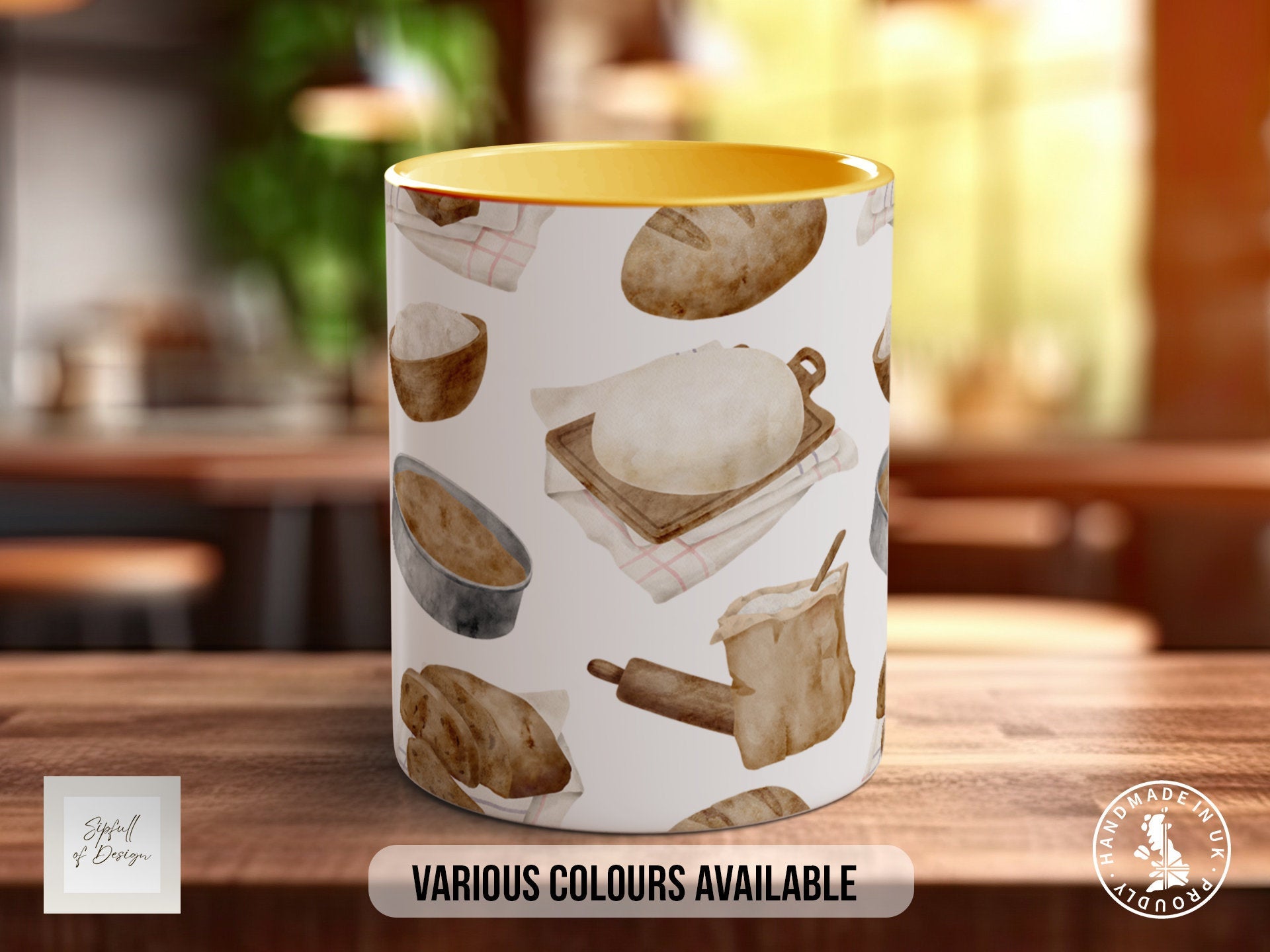 Coloured Baking Pattern Full Wrap Mug - Design 13 - Love Cooking - Kitchen Theme