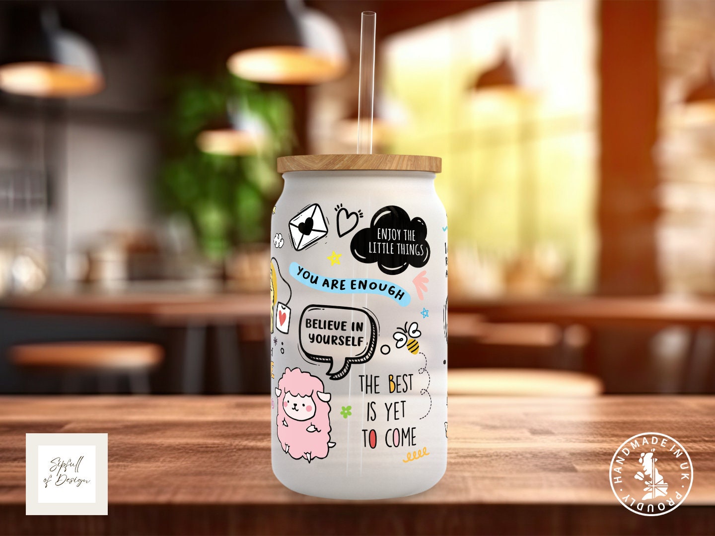Mug Of Positivitea Motivational Frosted Glass Can - a bamboo cup of positivity with lid and straw!