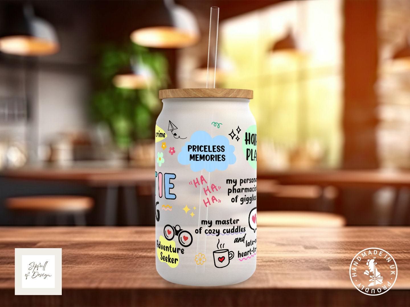 The Bestie Mug Motivational Frosted Glass Can - a bamboo cup of positivity with lid and straw!