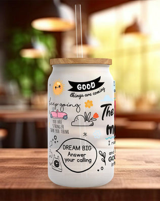 Mug Of Motivation Frosted Glass Can - a bamboo cup of positivity with lid and straw! - Sipfull of Design