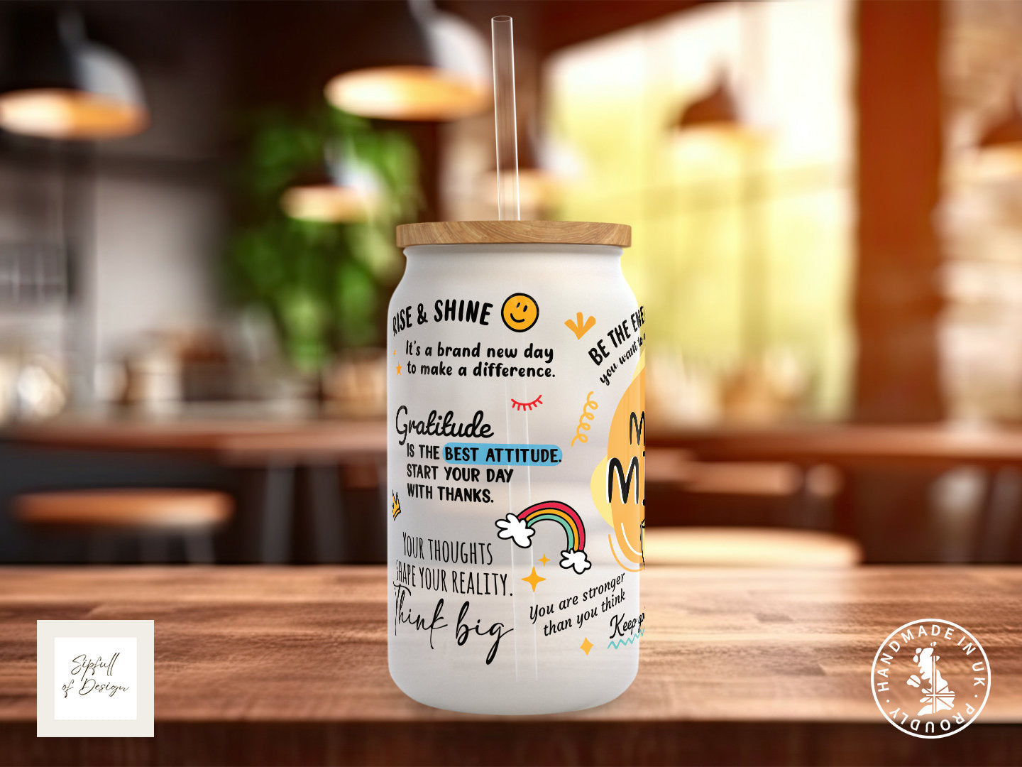 The Morning Mindset Mug Frosted Glass Can - a bamboo cup of positivity with lid and straw!