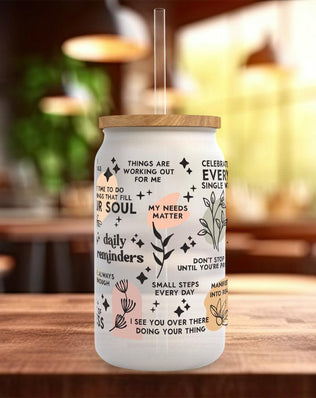 Daily Reminders Frosted Glass Can - a bamboo cup of positivity with lid and straw! clean Design 1 - Sipfull of Design