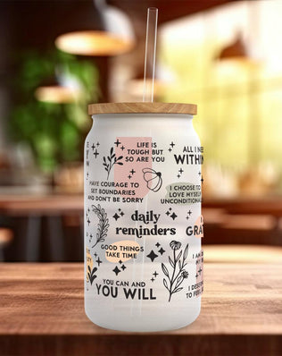 Daily Reminders Frosted Glass Can - a bamboo cup of positivity with lid and straw! clean Design 1 - Sipfull of Design