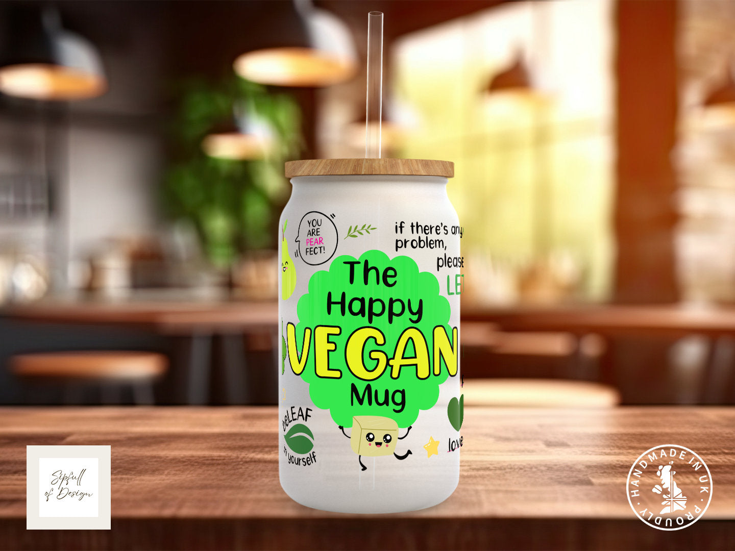 The Happy Vegan Frosted Glass Can - a bamboo cup of positivity with lid and straw! clean Design 1