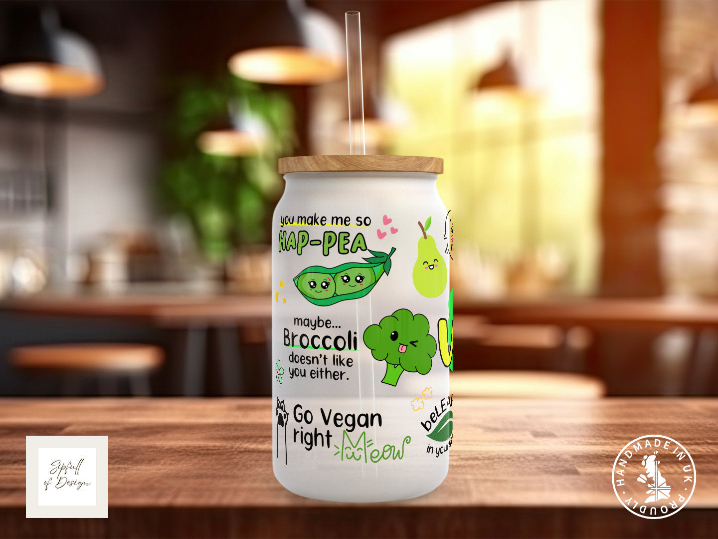 The Happy Vegan Frosted Glass Can - a bamboo cup of positivity with lid and straw! clean Design 1