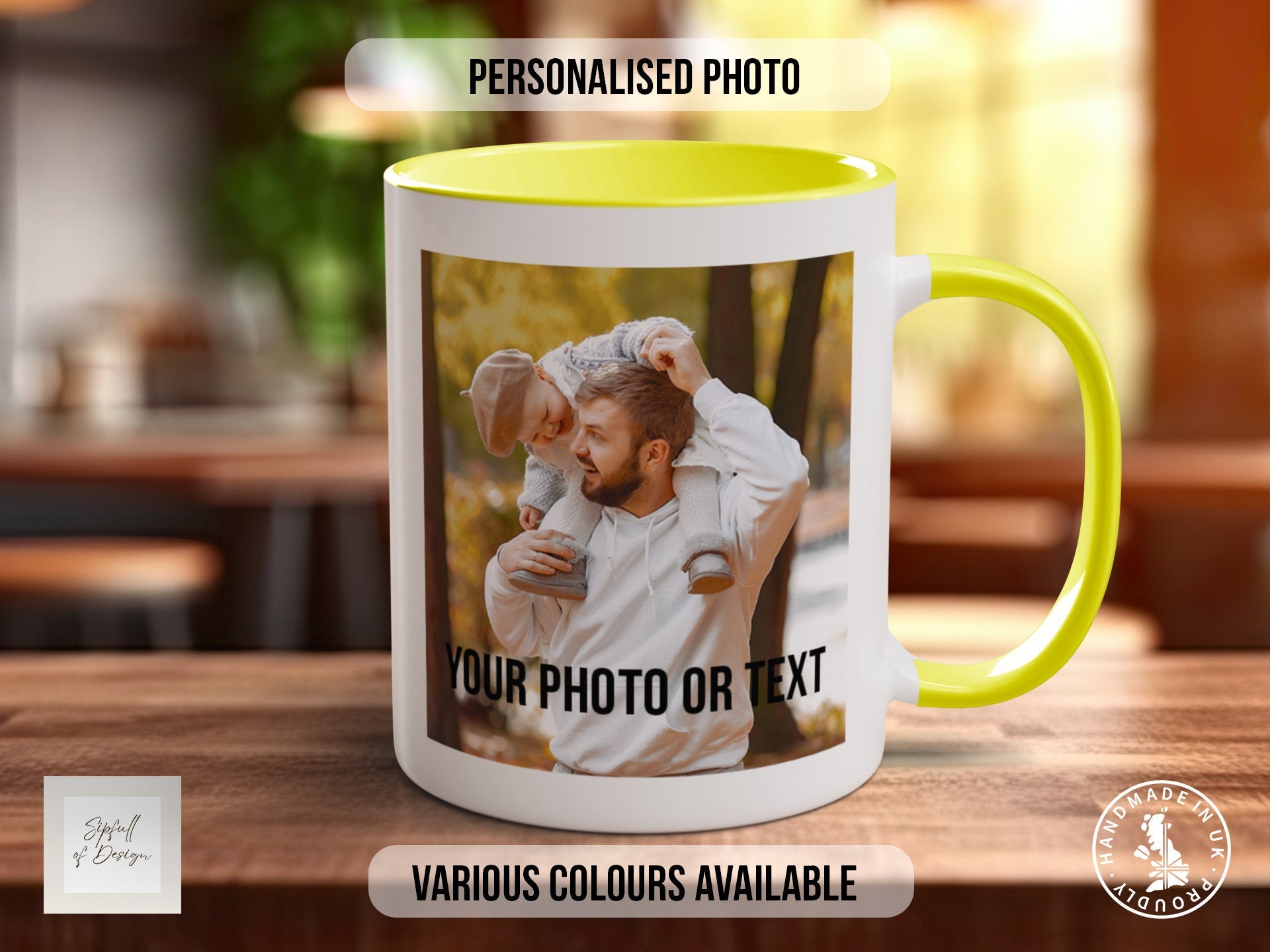 Photo and Text Personalised Photo Mug - Coloured with Your Photos - Coloured 11oz and Bone China 15oz options