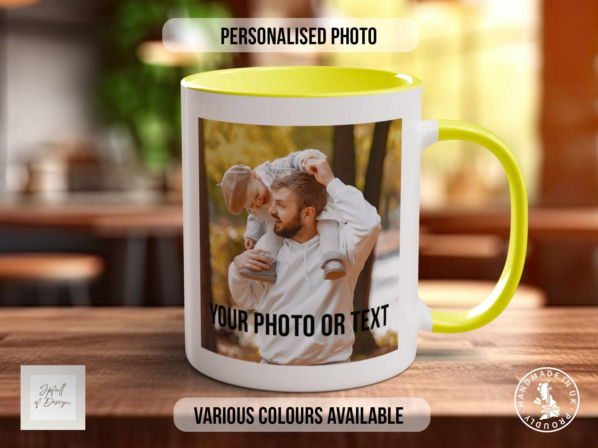 Photo and Text Personalised Photo Mug - Coloured with Your Photos - Coloured 11oz and Bone China 15oz options - Sipfull of Design