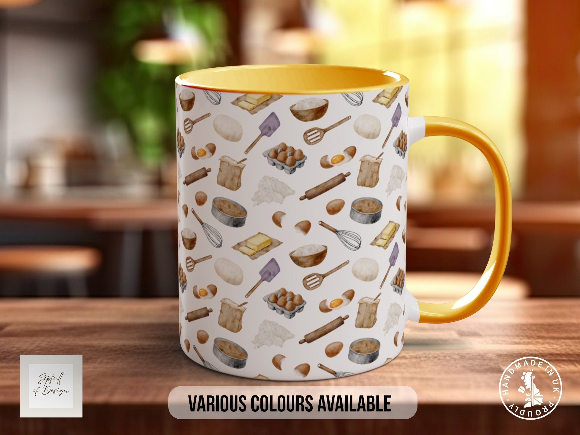 a yellow and white coffee mug sitting on top of a wooden table