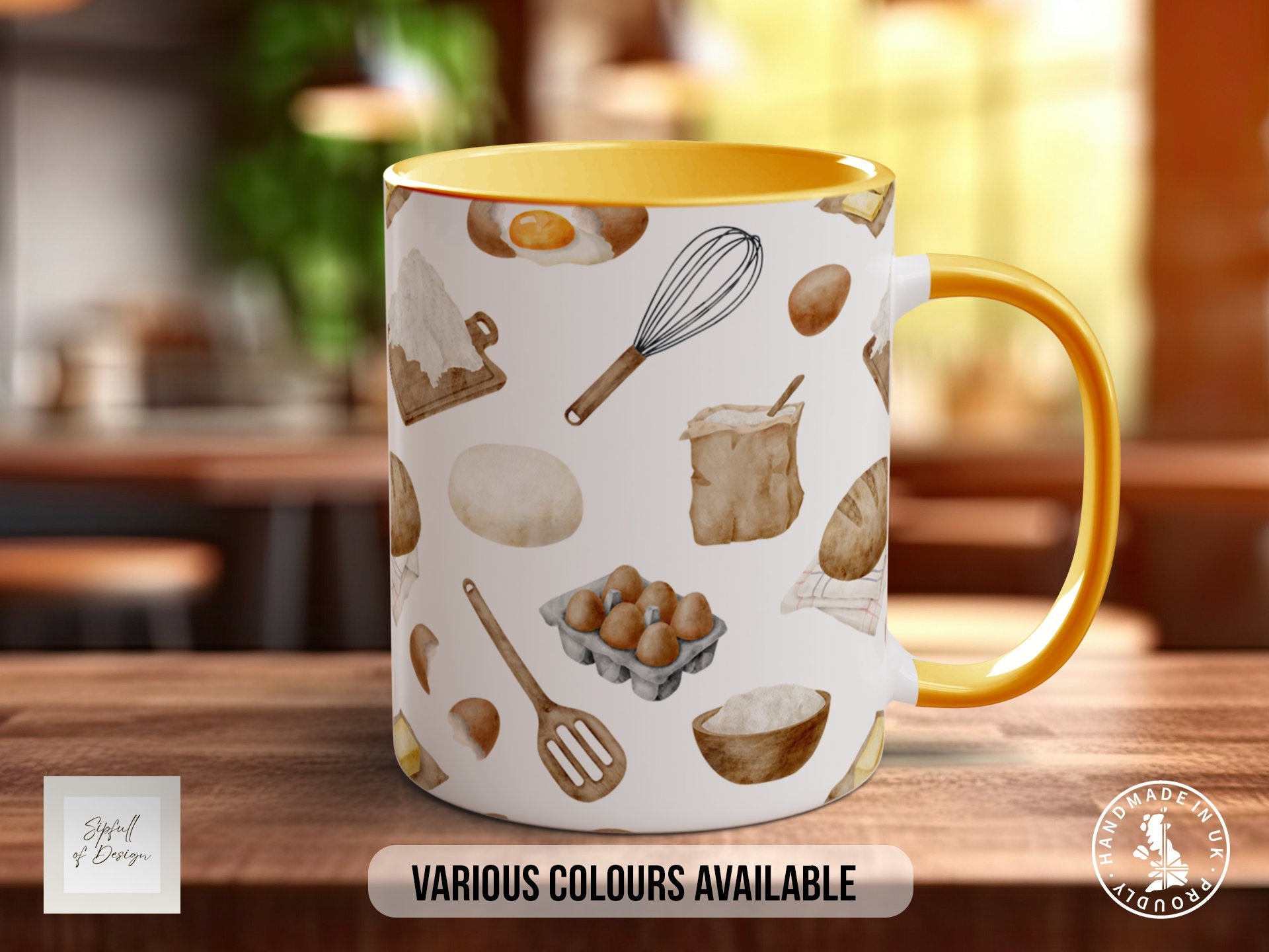 a yellow and white coffee mug sitting on top of a wooden table