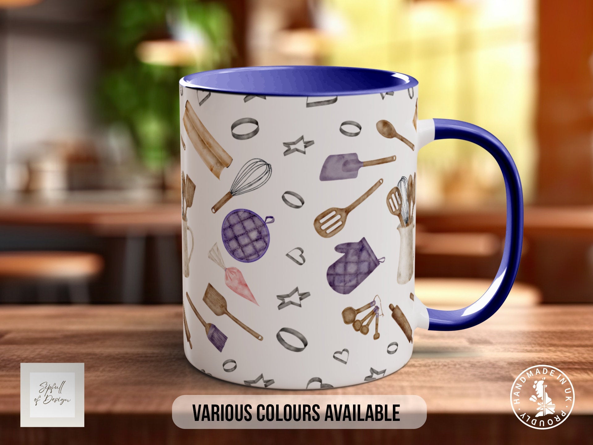 a blue and white coffee mug sitting on top of a wooden table