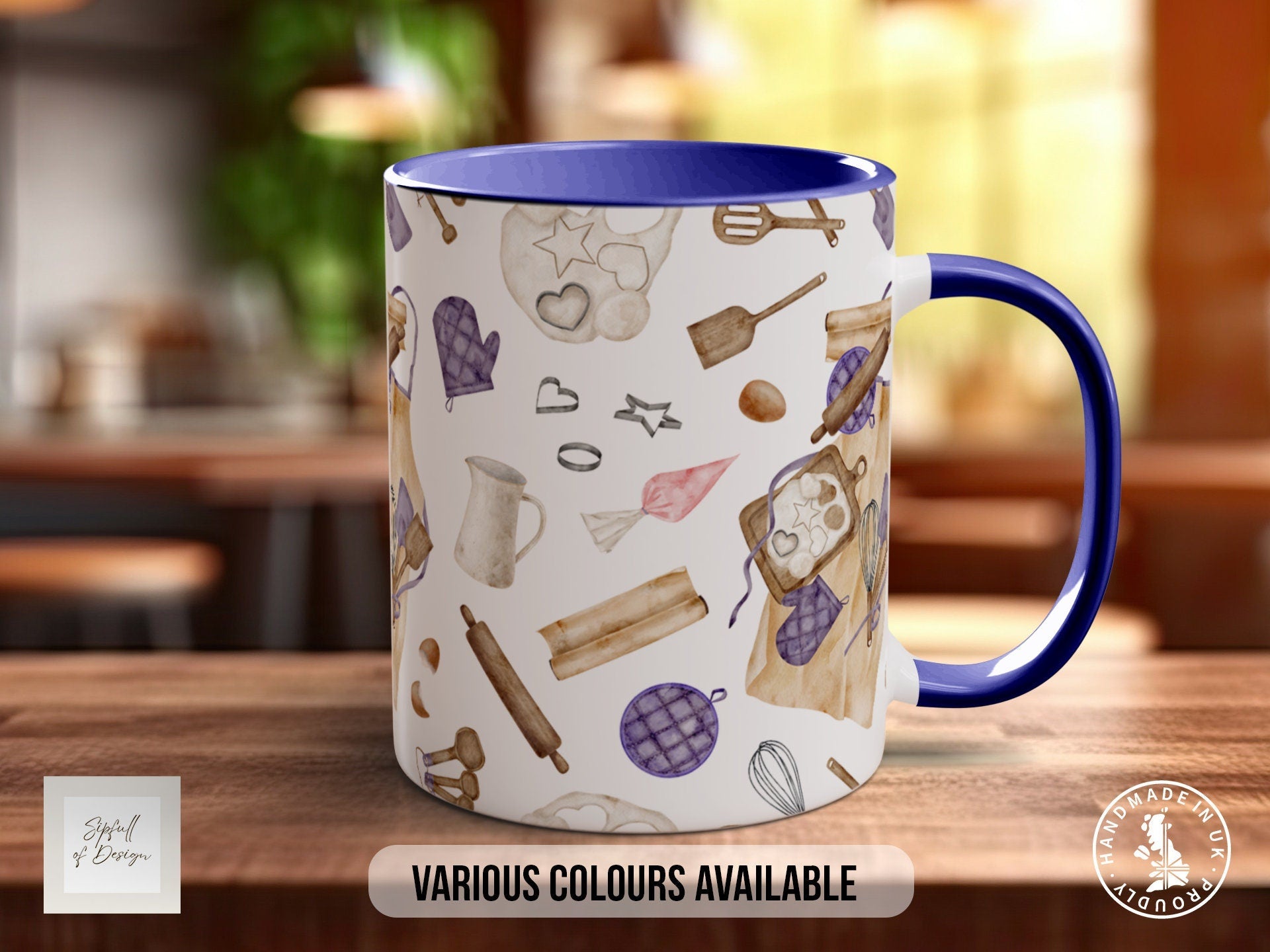 a blue and white coffee mug sitting on top of a wooden table