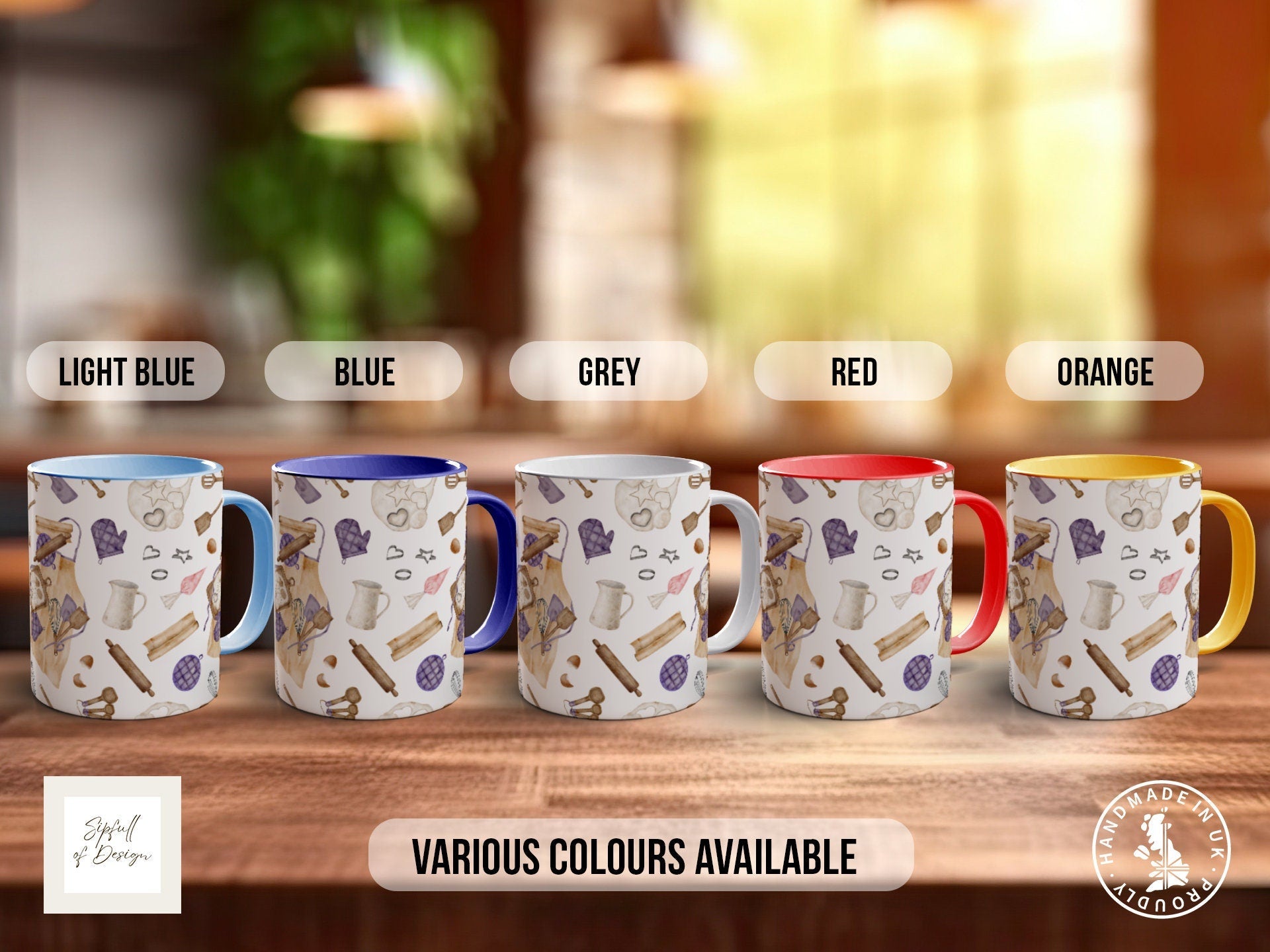 a group of four coffee mugs sitting on top of a wooden table