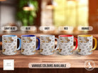 a group of four coffee mugs sitting on top of a wooden table