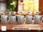 a group of four coffee mugs sitting on top of a wooden table