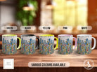 a group of four coffee mugs sitting on top of a wooden table