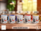 a set of four coffee mugs sitting on top of a wooden table