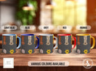 a group of five coffee mugs sitting on top of a wooden table