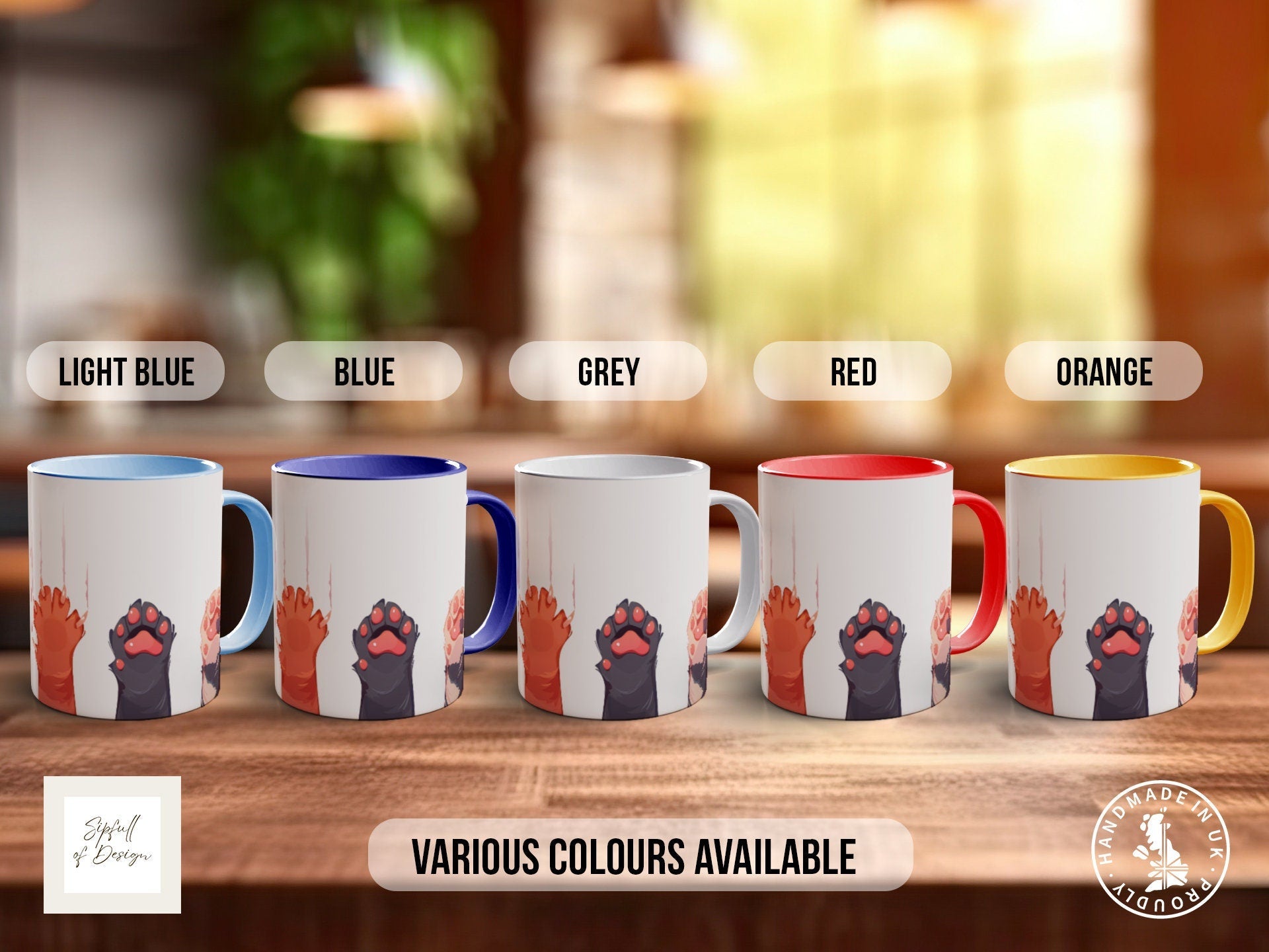 a set of five coffee mugs with different designs