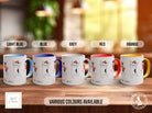 a group of four coffee mugs sitting on top of a wooden table