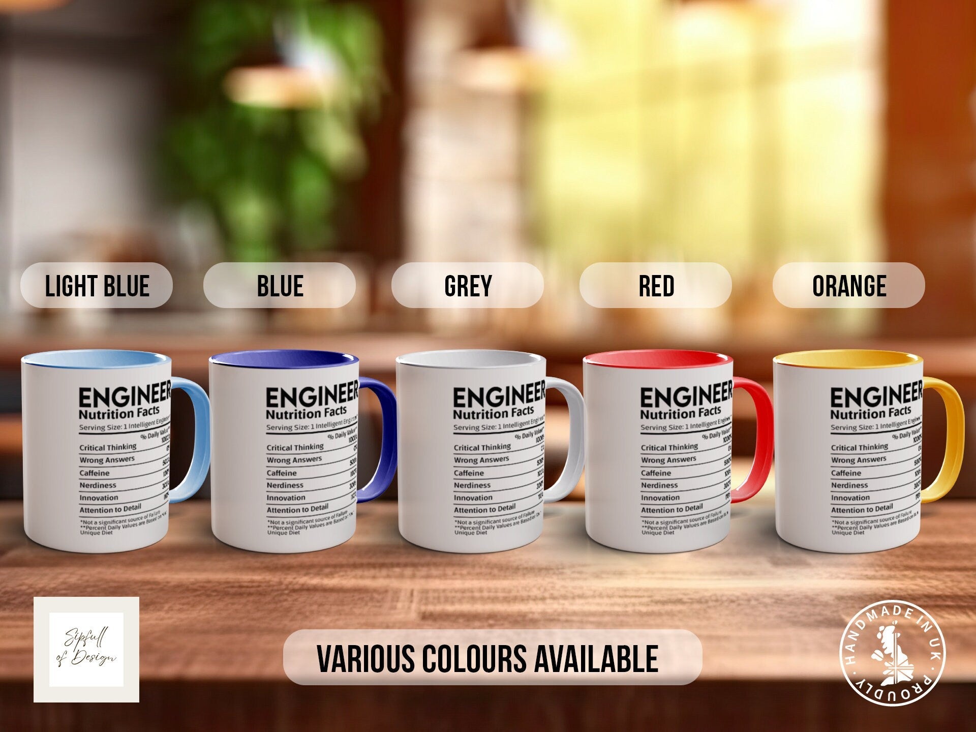 a group of five coffee mugs sitting on top of a wooden table