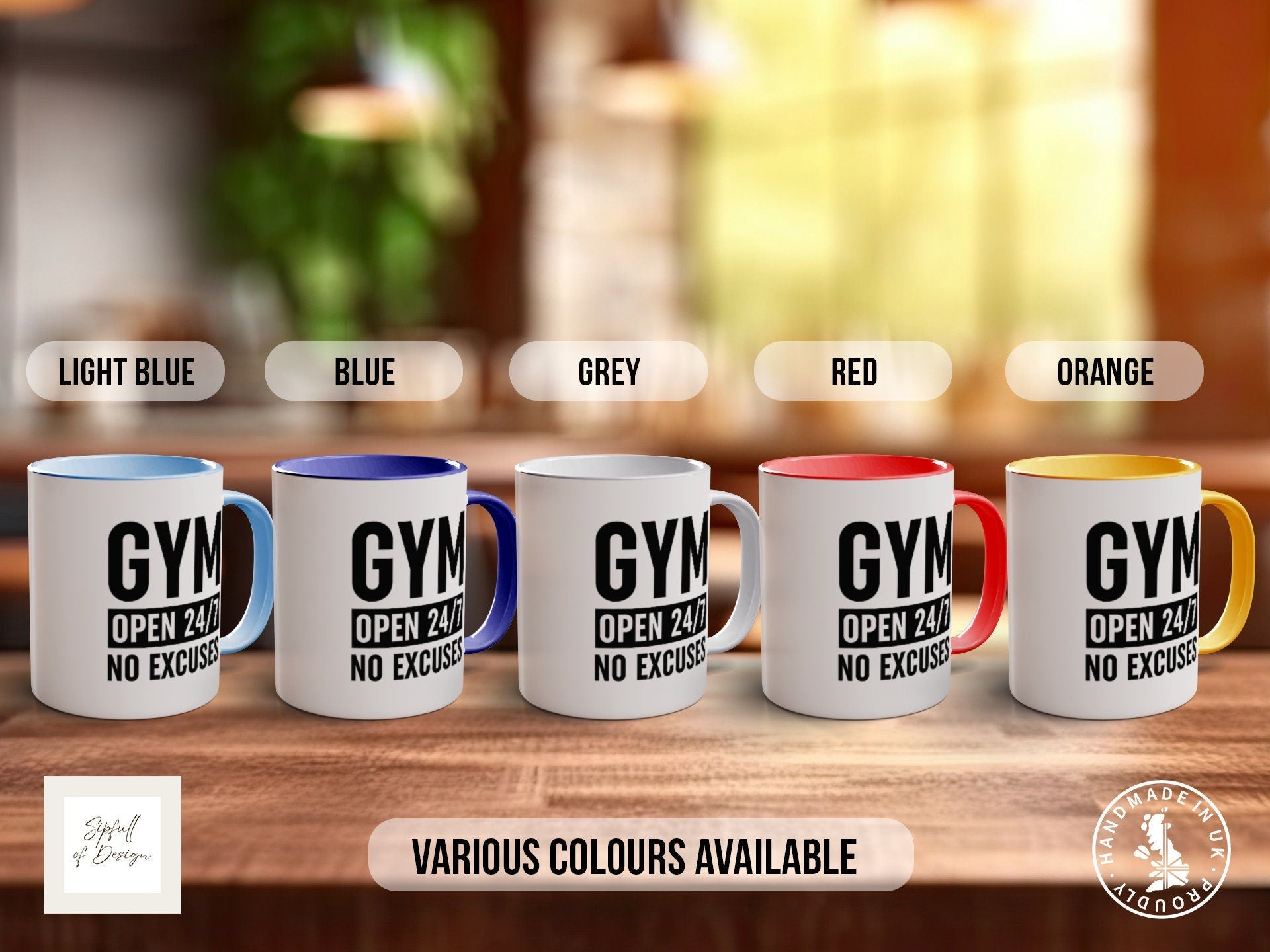 a group of coffee mugs sitting on top of a wooden table