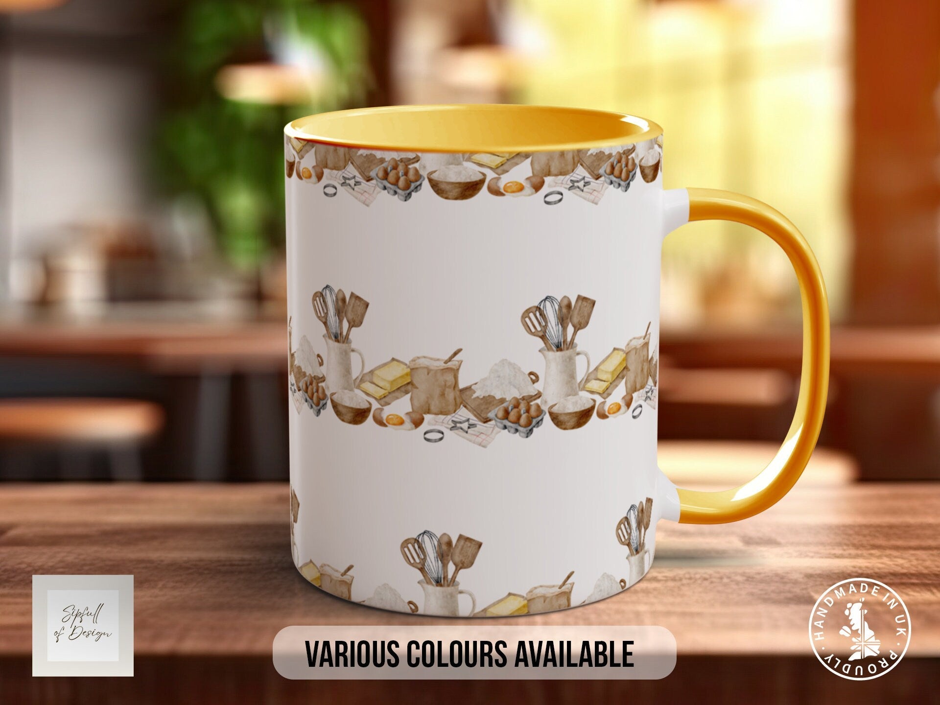 a yellow and white coffee mug sitting on top of a wooden table
