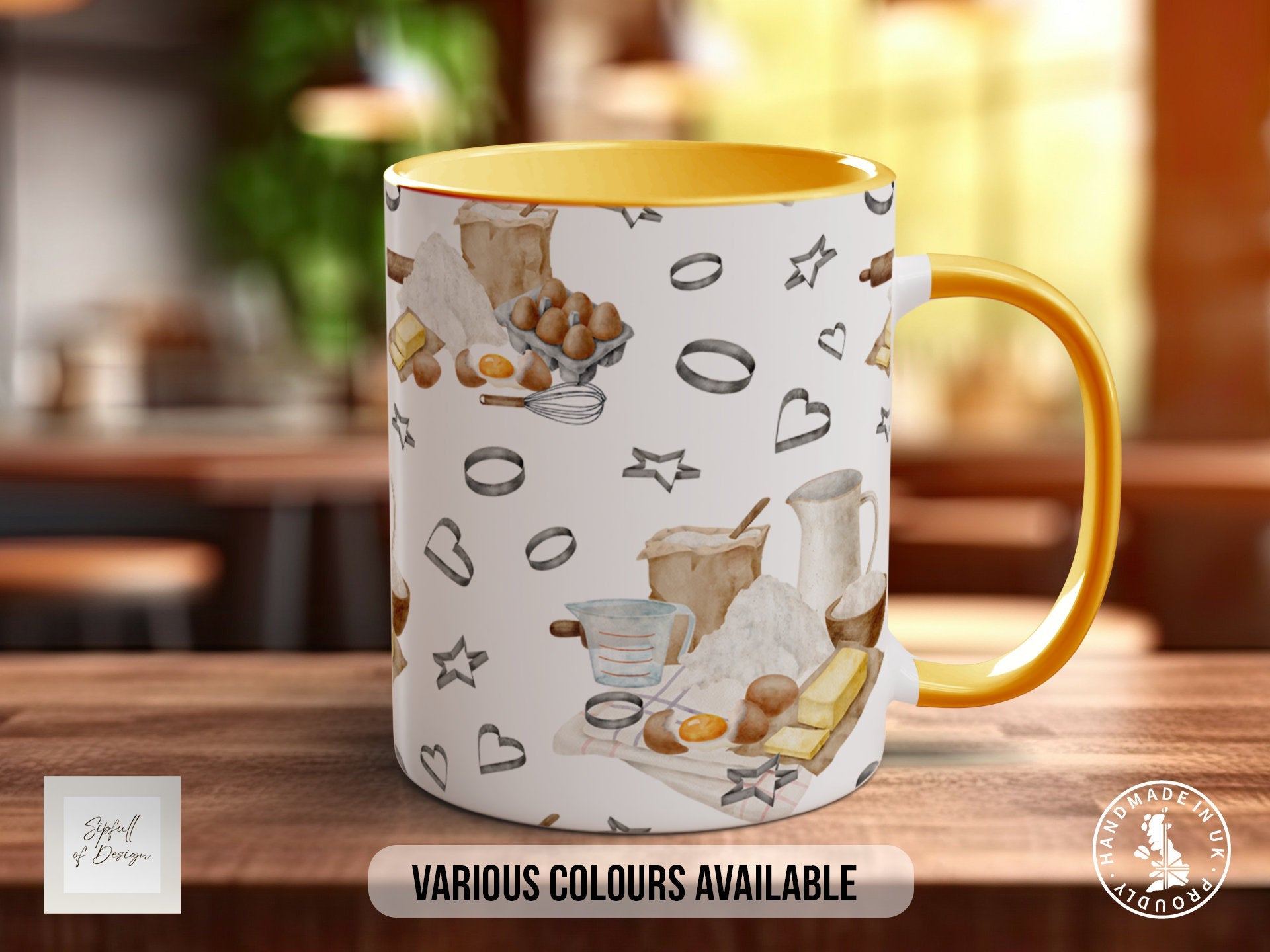 a yellow and white coffee mug sitting on top of a wooden table