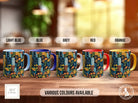 a set of four colorful coffee mugs sitting on top of a wooden table