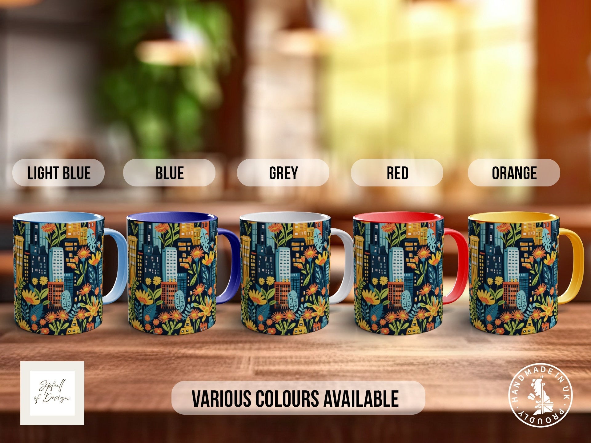 a set of four colorful coffee mugs sitting on top of a wooden table