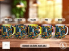 a group of four coffee mugs sitting on top of a wooden table