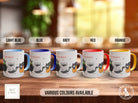 a group of four coffee mugs sitting on top of a wooden table