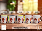 a group of four coffee mugs sitting on top of a wooden table