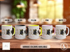 a group of four coffee mugs sitting on top of a wooden table