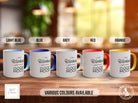 a group of coffee mugs sitting on top of a wooden table