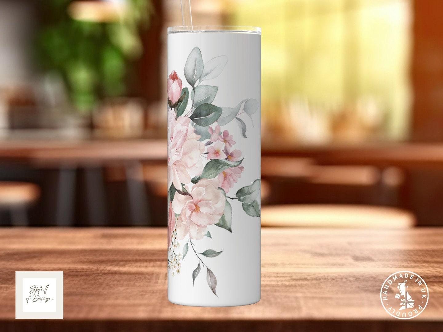 Pink Flowers Personalised Name 20oz Insulated Tumbler With lid and straw! - Sipfull of Design